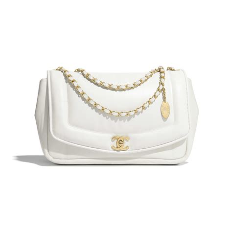 Flap bag with top handle, Lambskin & gold metal , white 